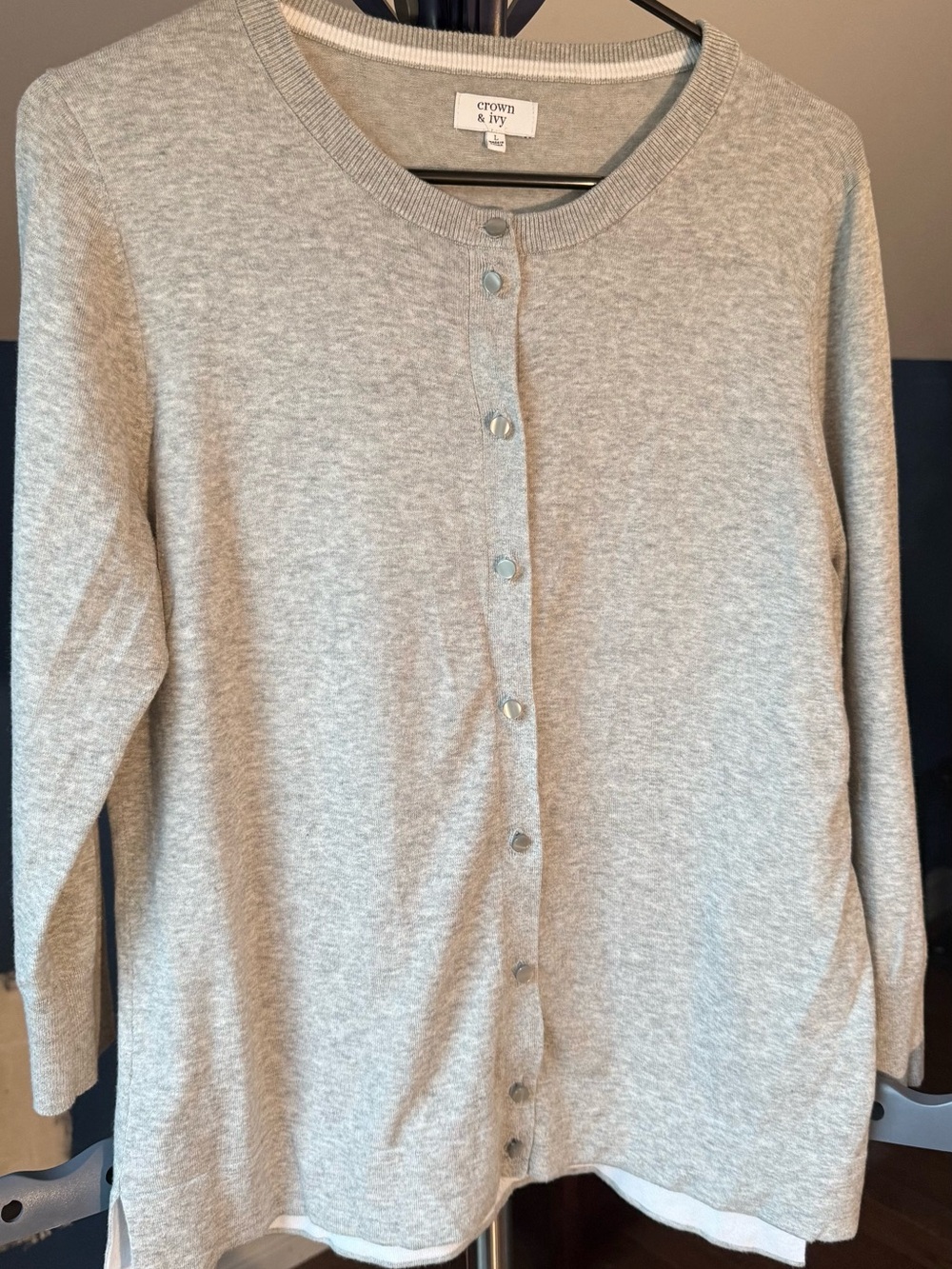 Crown & Ivy Women’s L Gray Cardigan Sweater White Trim Cotton Blend